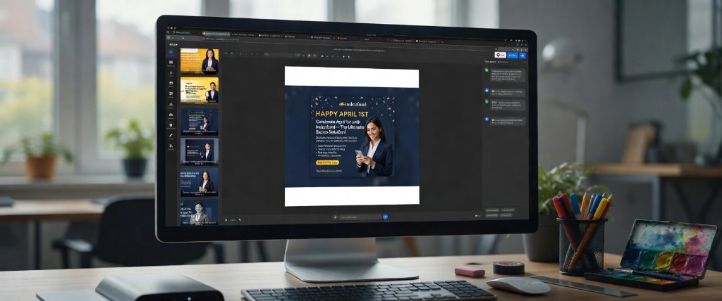 Desk with monitor showing Qhora design studio, keyboard, and creative supplies