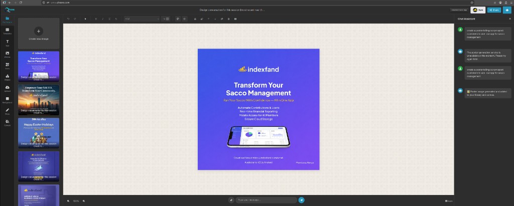 Qhora studio: canvas, design tools, and chat assistant in one workspace